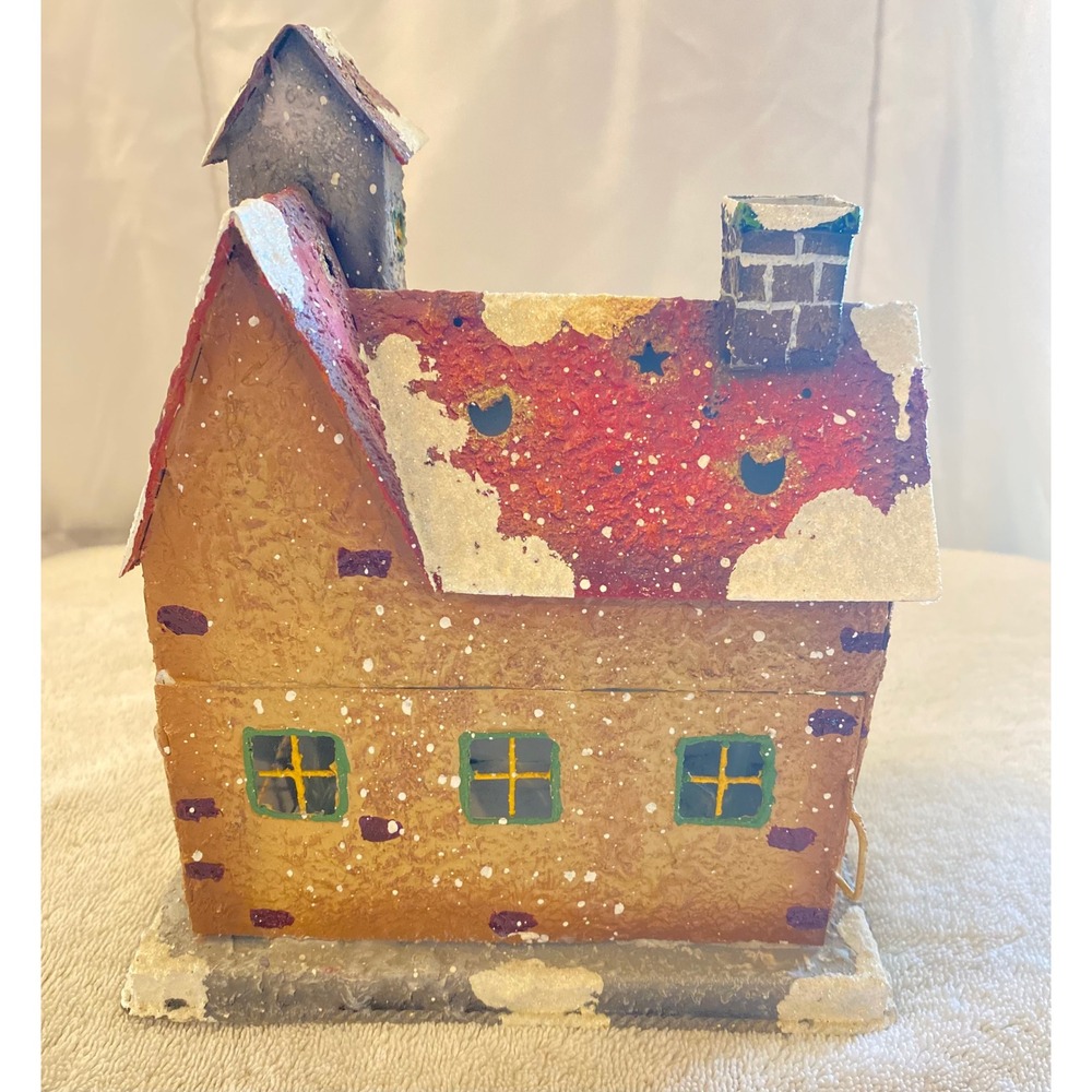 Vintage Tin Christmas House Votive Holder Snowman Winter Village Metal Luminary - Picture 4 of 7